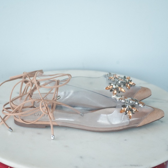 Schutz Clear Vinyl Pointed Toe Rhinestone Ankle Wrap Flats - Picture 3 of 11